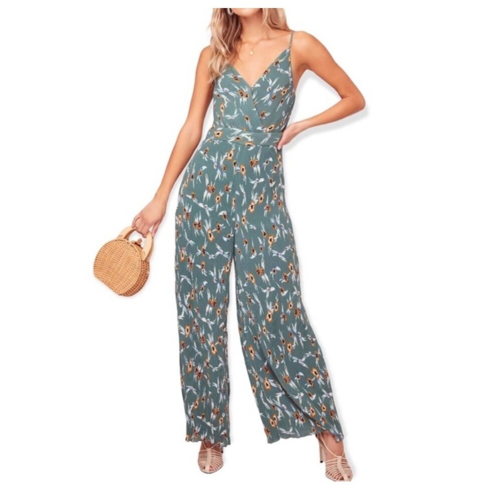 ASTR The Label Plisse Green Multi Floral Pleated Jumpsuit Wide Leg Women’s XS